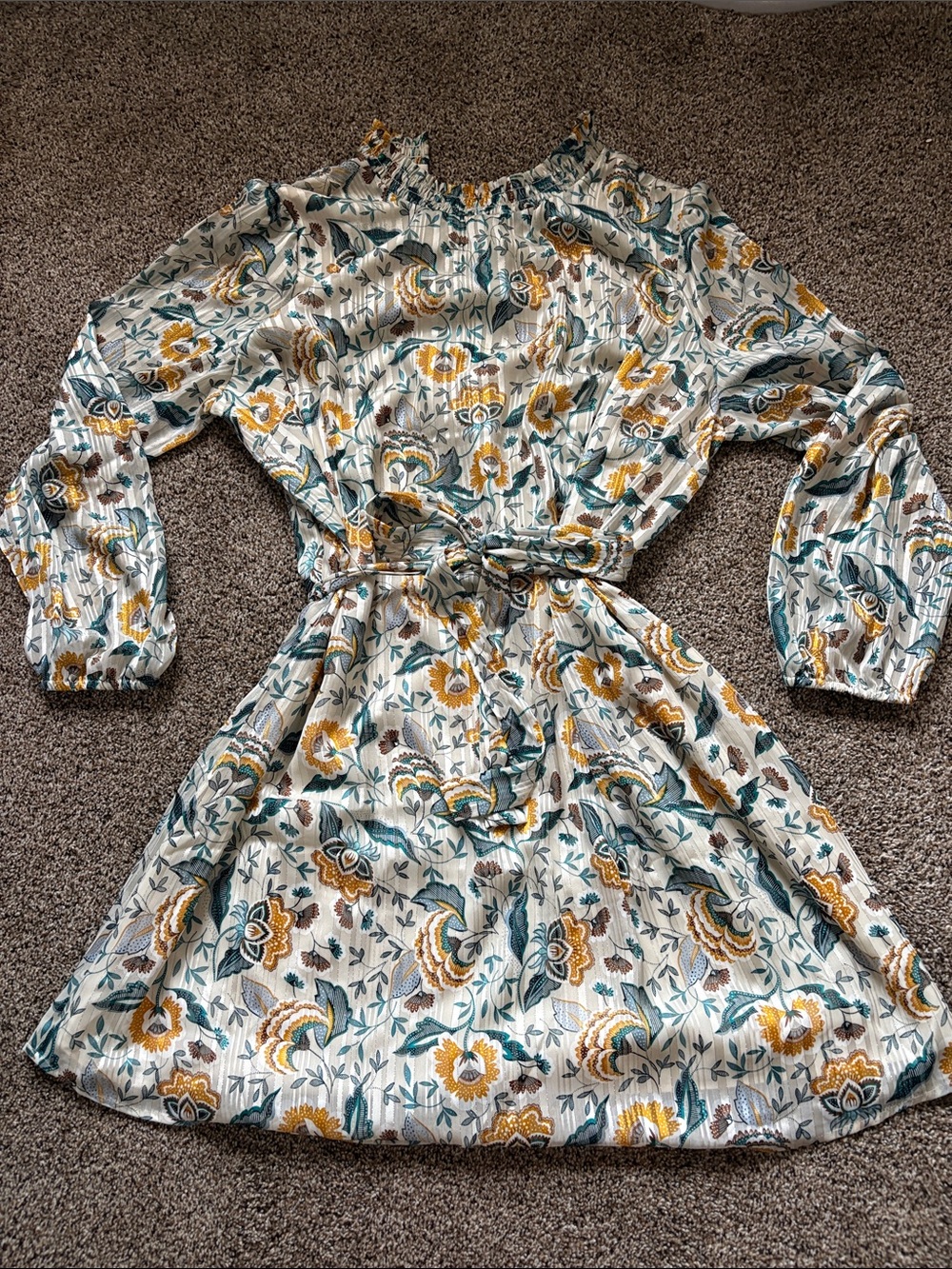 Ann Taylor Cream Floral Tie-Waist Dress with Mustard & Teal Accents